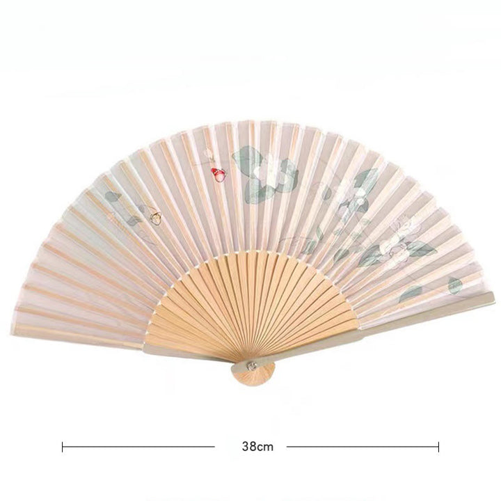 Buddha Stones Lotus Begonia Flower Jasmine Handheld Silk Bamboo Folding Fan 21cm