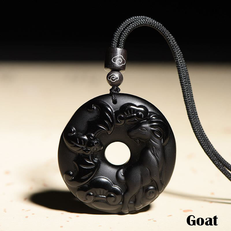Buddha Stones Chinese Zodiac Natural Black Obsidian Peace Buckle Strength Necklace Pendant - Goat - image 19