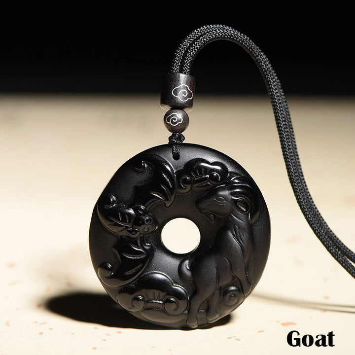Buddha Stones Chinese Zodiac Natural Black Obsidian Peace Buckle Strength Necklace Pendant - Goat - image 19