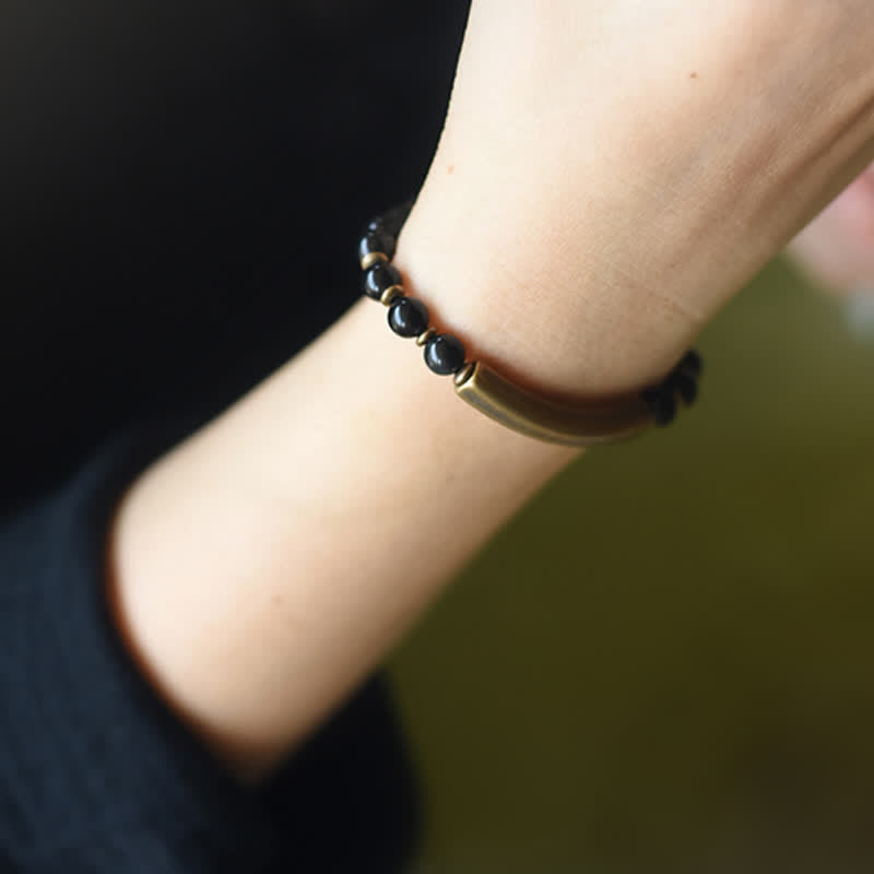 Buddha Stones Red Jasper Moss Agate Black Obsidian Crystal Copper Peace Couple Bracelet