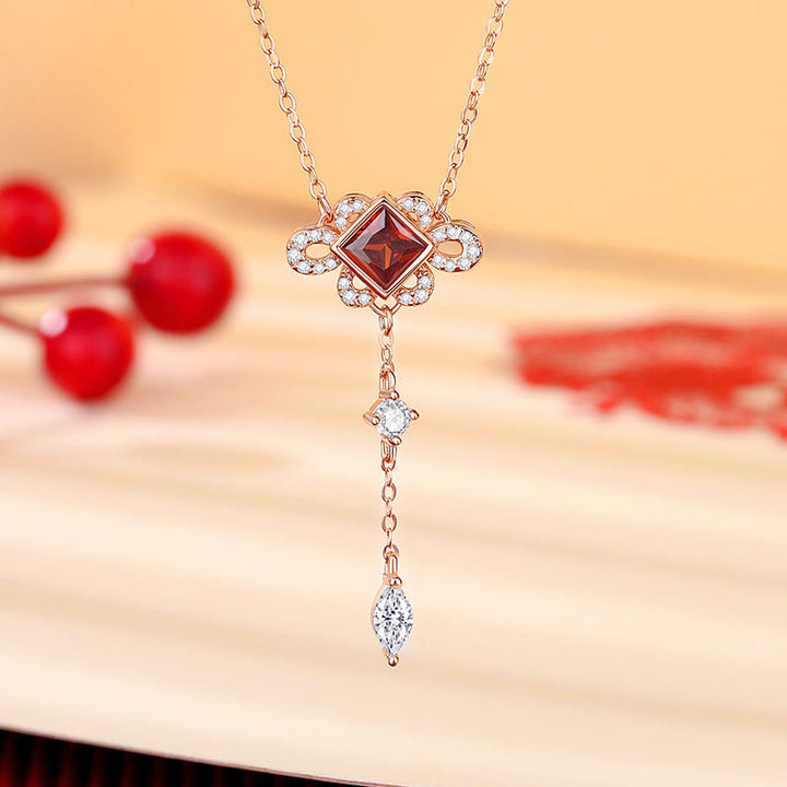 Buddha Stones 925 Sterling Silver Chinese Knotting Red Zircon Wealth Necklace Pendant Bracelet Earrings Set