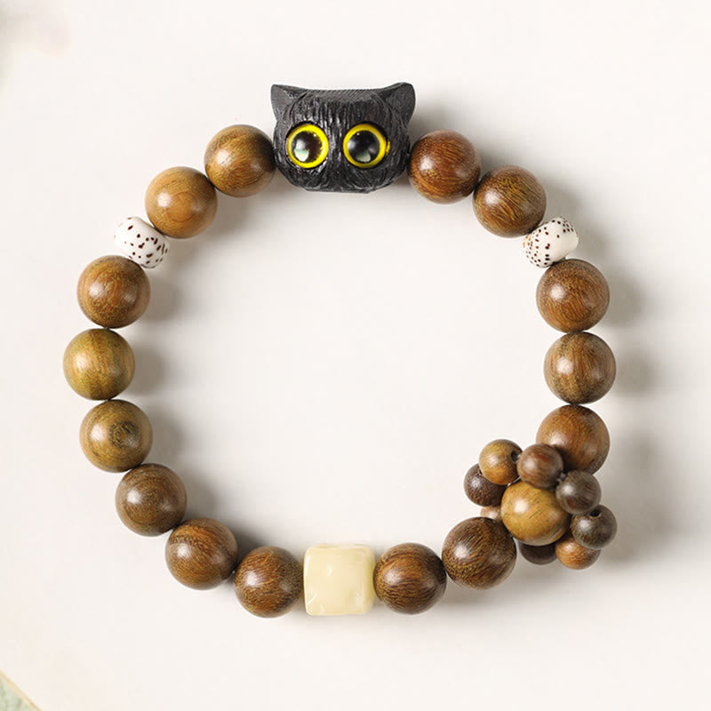 Buddha Stones Green Sandalwood Ebony Wood Cat Peace Soothing Bracelet - image 6