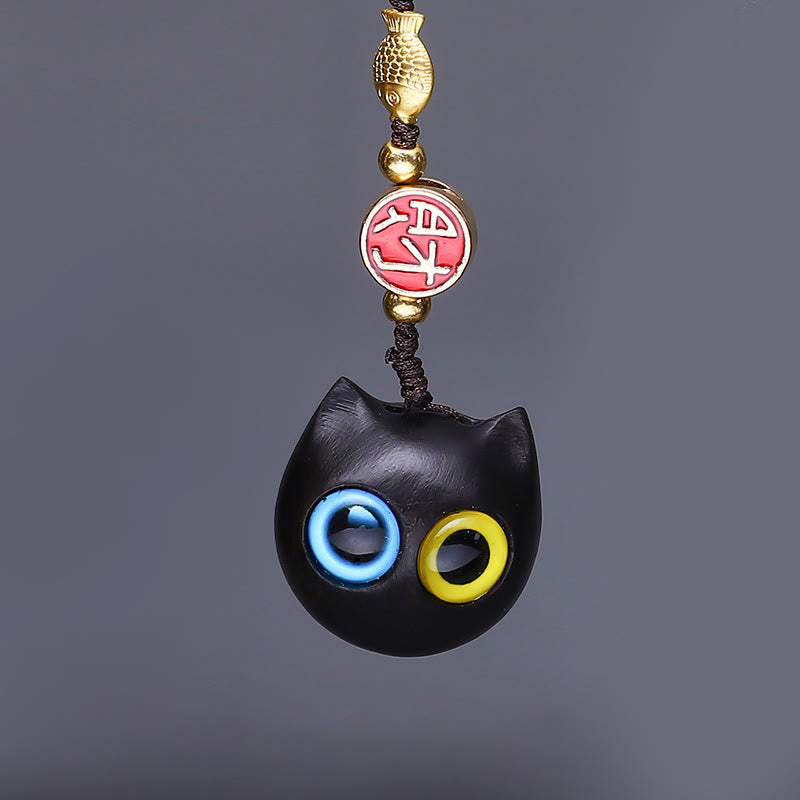 Buddha Stones Thuja Sutchuenensis Green Sandalwood Boxwood Mini Cute Animal Rabbit Cat Deer Whale Prosperity Phone Hanging Decorations - Red Sandalwood Blue Yellow Eyes Cat - image 5