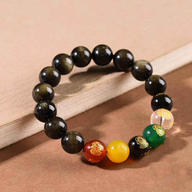 Buddha Stones Gold Sheen Obsidian Rainbow Obsidian Black Obsidian Five Directions Gods of Wealth Bracelet