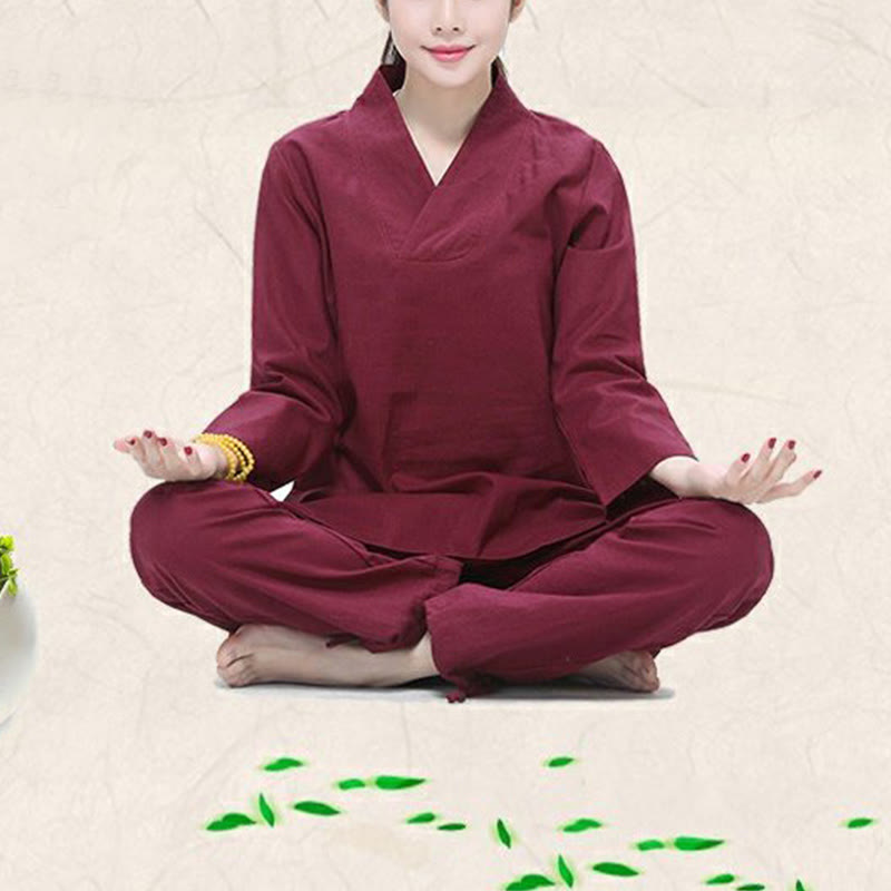 Buddha Stones Zen Practice Yoga Meditation Prayer V-neck Design Uniform Cotton Linen Clothing Women's Set - image 3