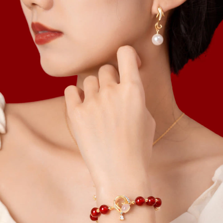 Buddha Stones 18K Gold Plated Copper Natural Red Agate Pearl Koi Fish Confidence Bracelet Necklace Pendant Earrings Set