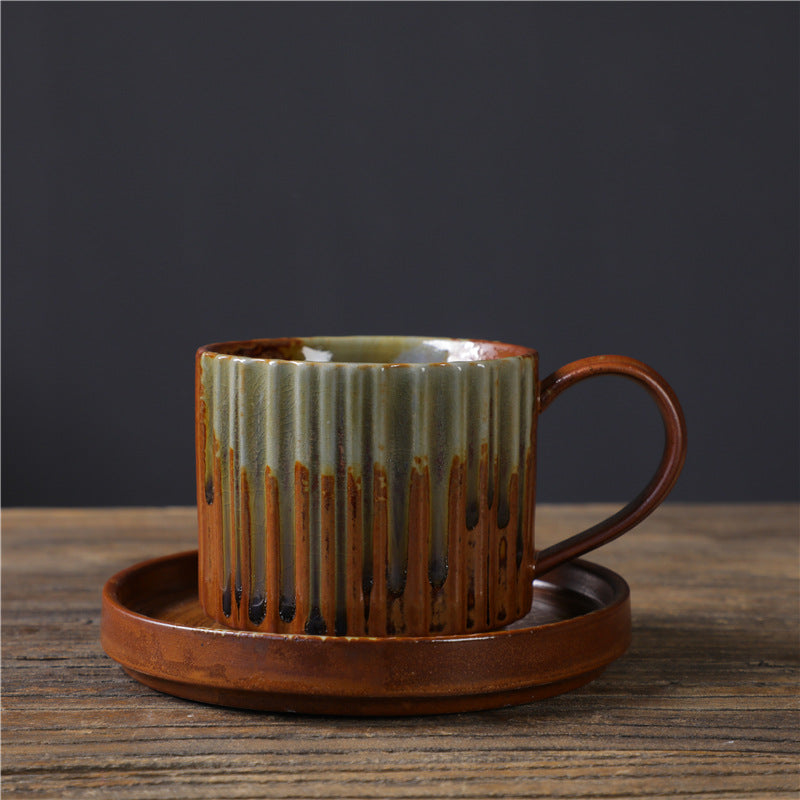 Buddha Stones Retro Striped Kiln Change Ceramic Coffee Mug Rough Pottery Tea Coffee Cup With Saucer 250ml