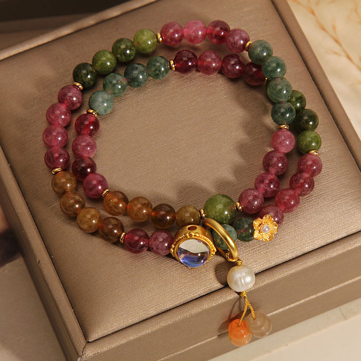 Buddha Stones Multicolored Tourmaline Positive Double Wrap Gourd Charm Bracelet