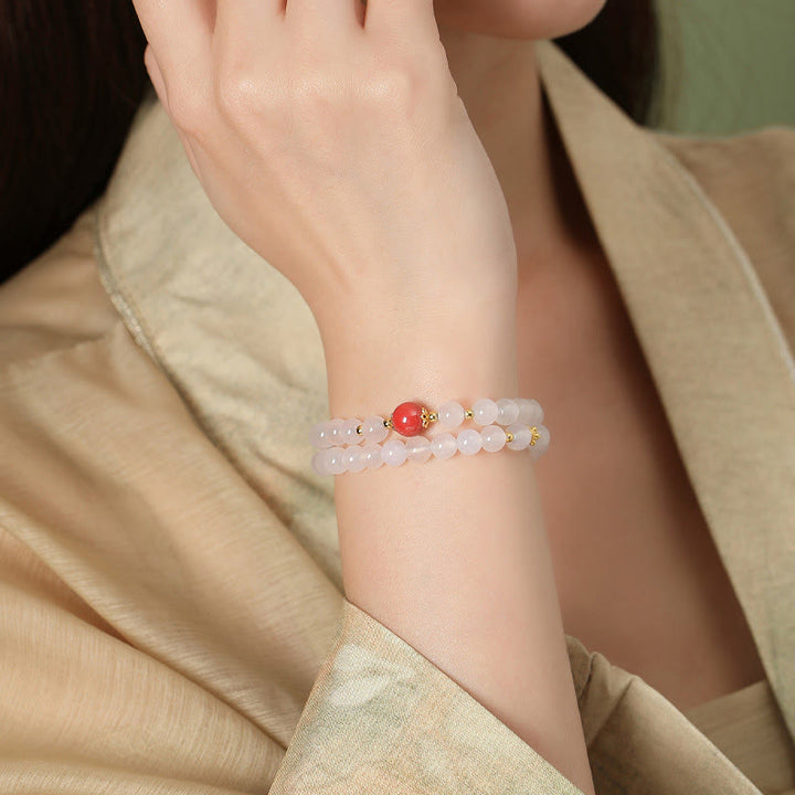 Buddha Stones 925 Sterling Silver Natural White Agate Cinnabar Double Wrap Protection Bracelet - image 2
