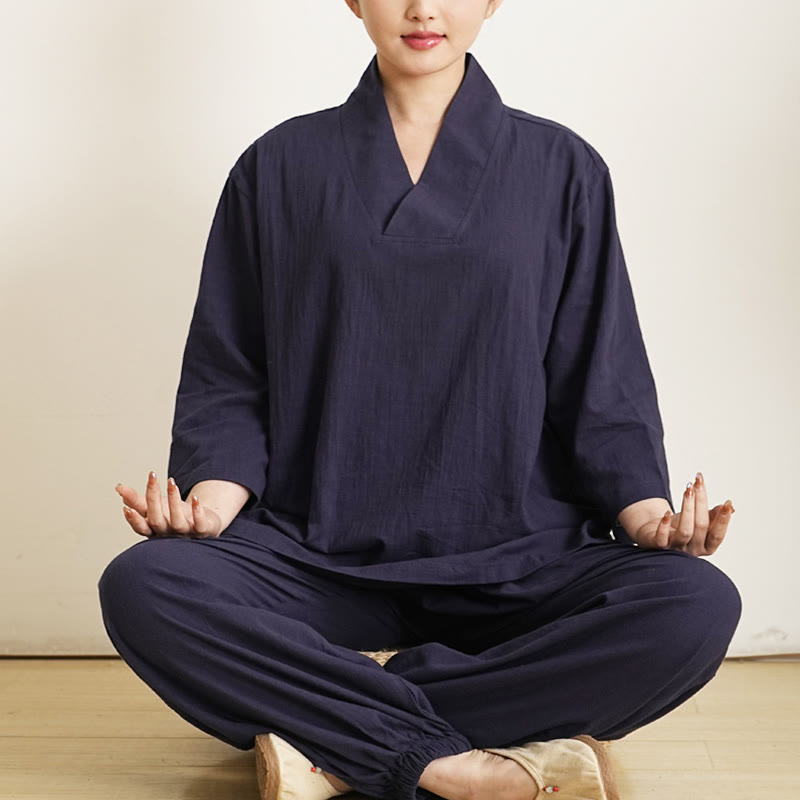 Buddha Stones 2Pcs V-Neck Three Quarter Sleeve Shirt Top Pants Meditation Zen Tai Chi Cotton Linen Clothing Women's Set