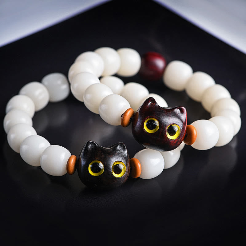 Buddha Stones Natural Bodhi Seed Small Leaf Red Sandalwood Ebony Wood Cute Lucky Cat Wisdom Bracelet - image 1
