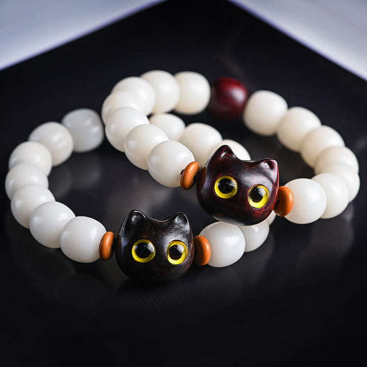 Buddha Stones Natural Bodhi Seed Small Leaf Red Sandalwood Ebony Wood Cute Lucky Cat Wisdom Bracelet - image 1
