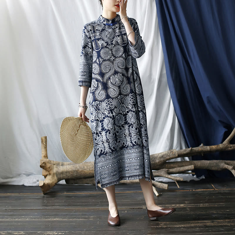 Buddha Stones Blue White Flower Frog-button Midi Dress Three Quarter Sleeve Linen Batik Dress With Pockets