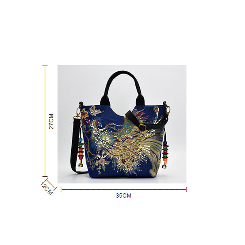 Peacock Double-sided Embroidery Tote Bag Shoulder Bag Crossbody Bag