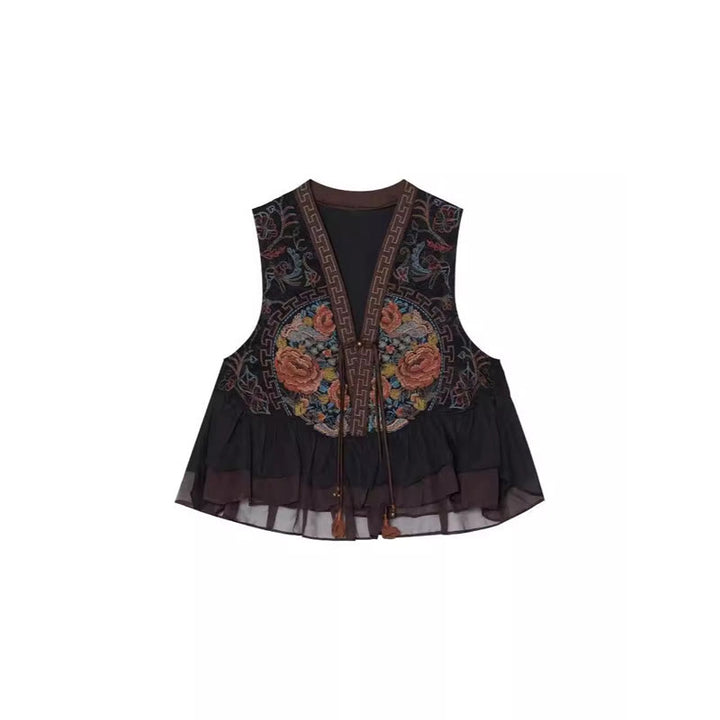 Buddha Stones Vintage Peony Flowers Embroidery Design Sleeveless Vest