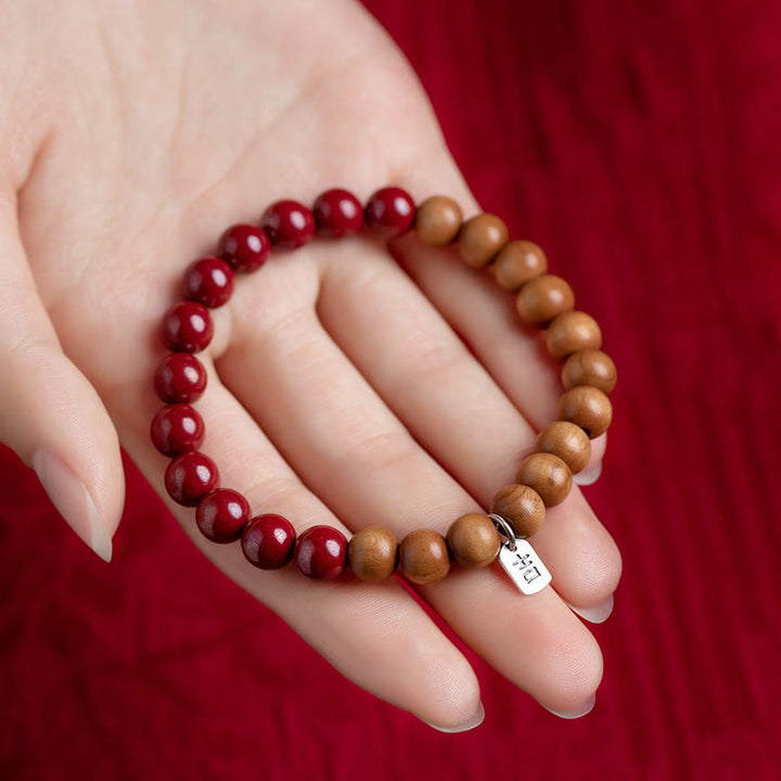 Buddha Stones 925 Sterling Silver Peach Wood Cinnabar Ward Off Evil Spirits Bracelet - 8mm - image 0