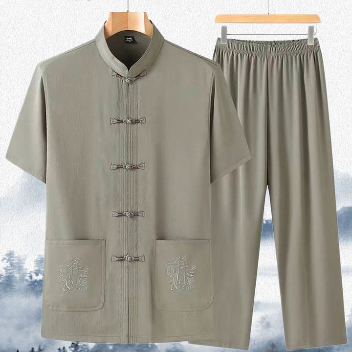 Buddha Stones Good Luck Character Tang Suit Hanfu Traditional Uniform Short Sleeve Top Pants Clothing Men's Set