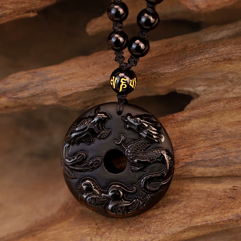 Buddha Stones Black Obsidian Dragon Phoenix Mandarin Duck Luck Protection Necklace Pendant