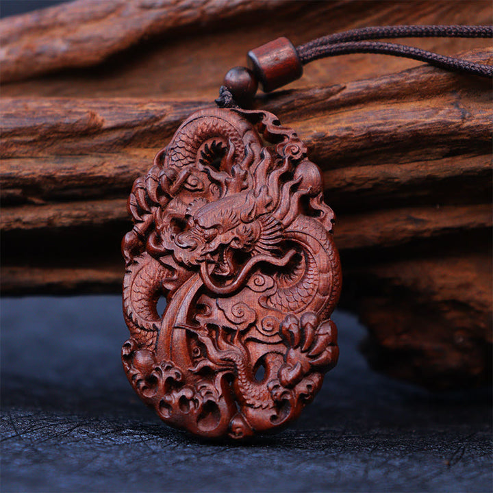 Buddha Stones Lightning Struck Jujube Wood Double Dragon Relief Ward Off Evil Spirits Necklace Pendant