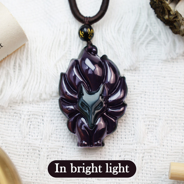 Buddha Stones Natural Rainbow Obsidian Gold Sheen Obsidian Nine Tailed Fox Positive Necklace Pendant