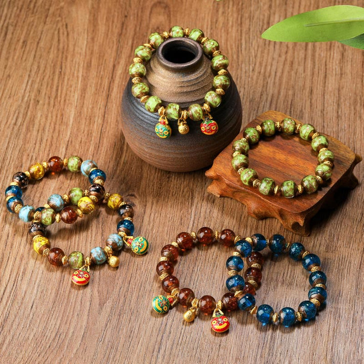 Buddha Stones Gold Swallowing Beast Family Charm Liuli Glass Bead Fortune Bracelet - image 0