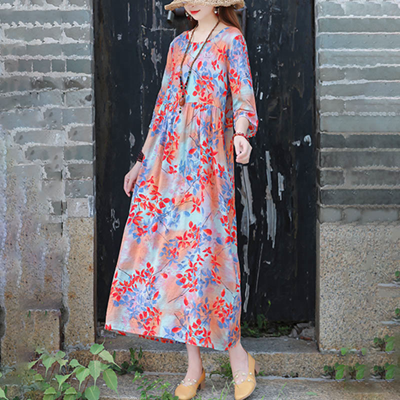 Buddha Stones Flowers Print Midi Dress Cotton Linen Tunic Dress With Pockets