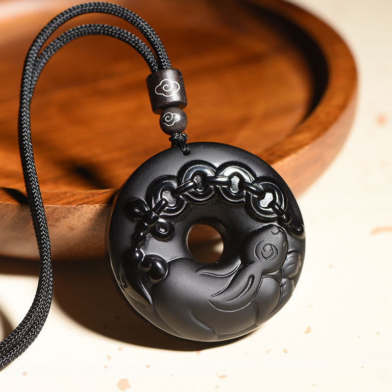 Buddha Stones Chinese Zodiac Natural Black Obsidian Peace Buckle Strength Necklace Pendant - image 7