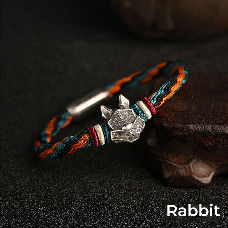 Buddha Stones Handmade 999 Sterling Silver Year of the Dragon Chinese Zodiac Protection Colorful Reincarnation Knot Rope Bracelet - Rabbit - 19cm - image 14