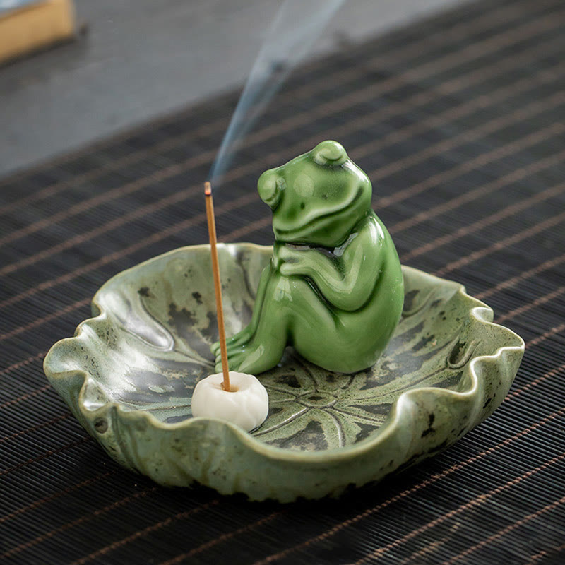 Buddha Stones Leaf Meditation Frog Pattern Healing Ceramic Incense Burner Decoration - Lotus Leaf Resting Frog 11.4*7cm - image 21