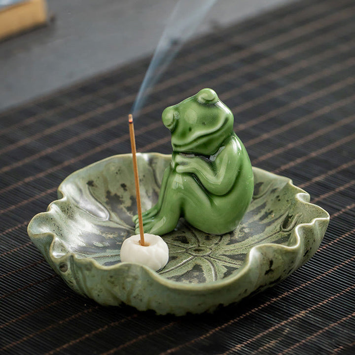Buddha Stones Leaf Meditation Frog Pattern Healing Ceramic Incense Burner Decoration - Lotus Leaf Resting Frog 11.4*7cm - image 21