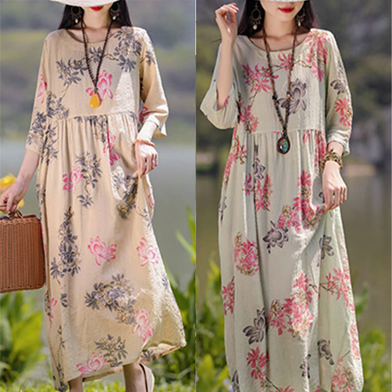 Buddha Stones Flowers Print Midi Dress Cotton Linen Tunic Dress With Pockets