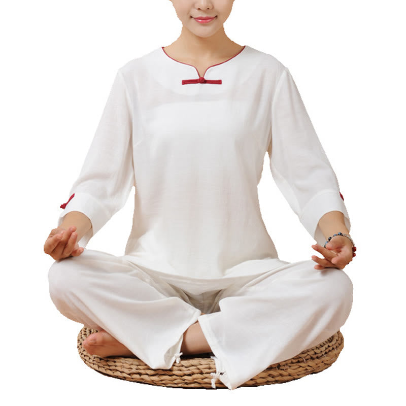 Buddha Stones 2Pcs Frog-Button Three Quarter Sleeve Shirt Top Pants Meditation Zen Tai Chi Linen Clothing Women's Set