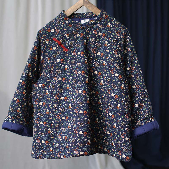 Buddha Stones Flowers Cotton Linen Jacket Shirt Chinese Northeast Style Winter Clothing