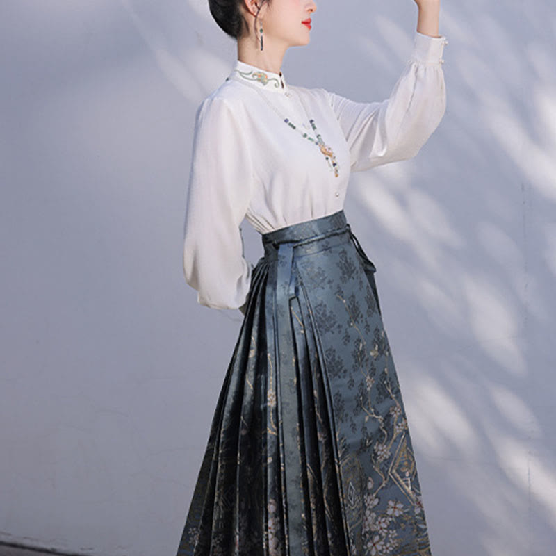 Buddha Stones Chinese Hanfu Blue Patio Plum Blossoms Printed Horse Face Skirt Mamianqun