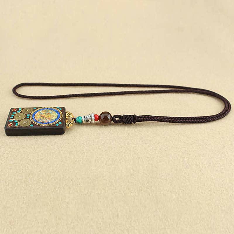 Buddha Stones Tibet God of Wealth Thangka Ebony Peace Necklace Pendant - image 6