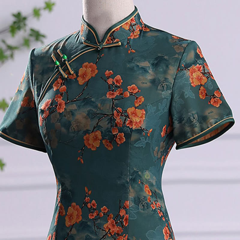 Buddha Stones Retro Flower Lotus Peony Feather Print Qipao Dress Women's Cheongsam Dress