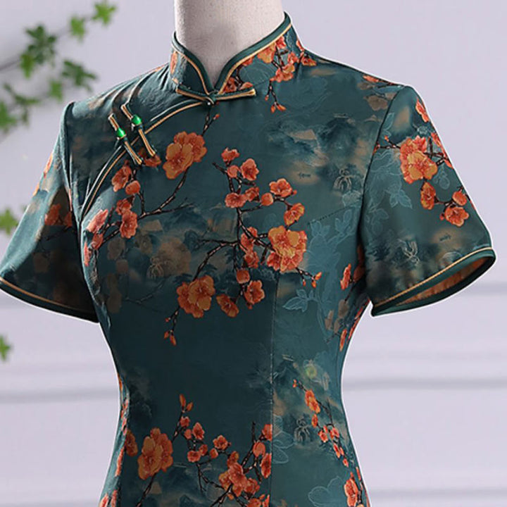 Buddha Stones Retro Flower Lotus Peony Feather Print Qipao Dress Women's Cheongsam Dress - image 6