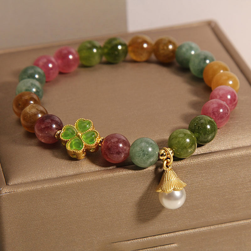 Buddha Stones Colorful Tourmaline Four Leaf Clover Flower Wisdom Bracelet