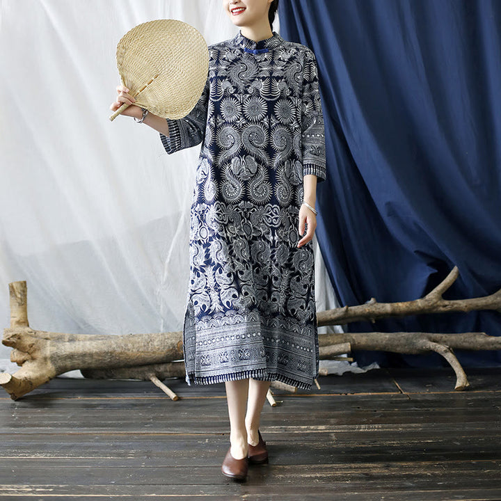 Buddha Stones Blue White Flower Frog-button Midi Dress Three Quarter Sleeve Linen Batik Dress With Pockets