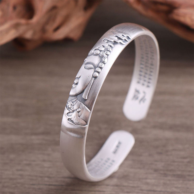 Buddha Stones 999 Sterling Silver Buddha Head Heart Sutra Serenity Bracelet Bangle - image 2