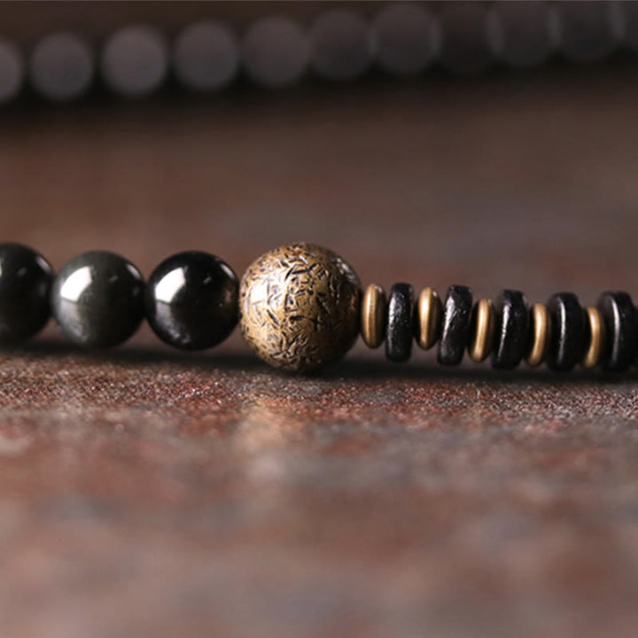 Buddha Stones Rainbow Obsidian Ebony Wood Copper Positive Multilayer Bracelet