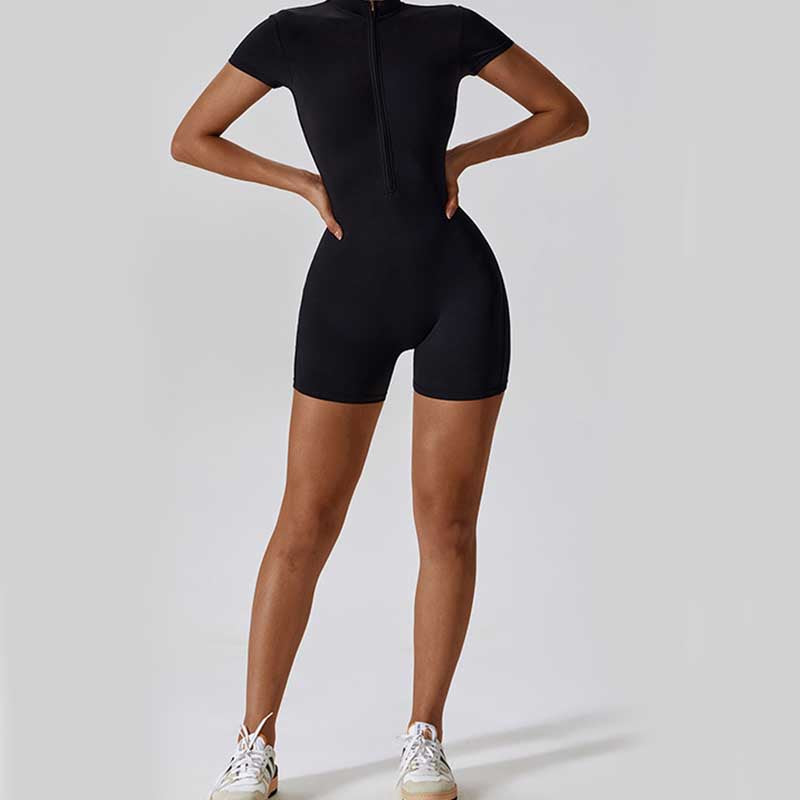 Buddha Stones High Stretch Zipper Short Sleeve Jumpsuit Sports Fitness Yoga Women Bodysuit