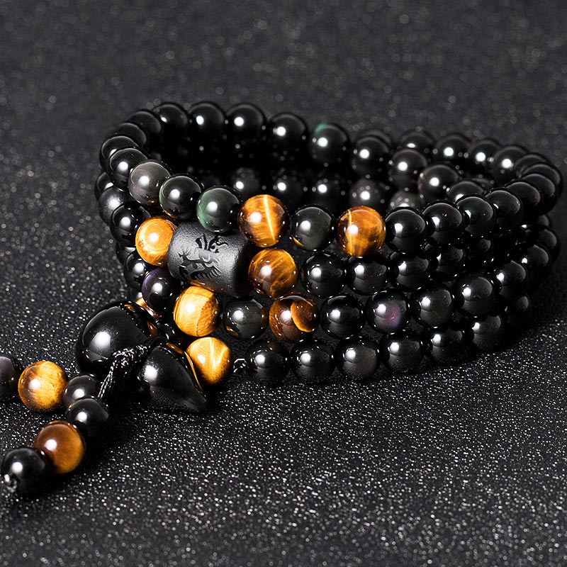 Buddha Stones Natural Black Obsidian Rainbow Obsidian Gourd Blessing Bracelet Mala