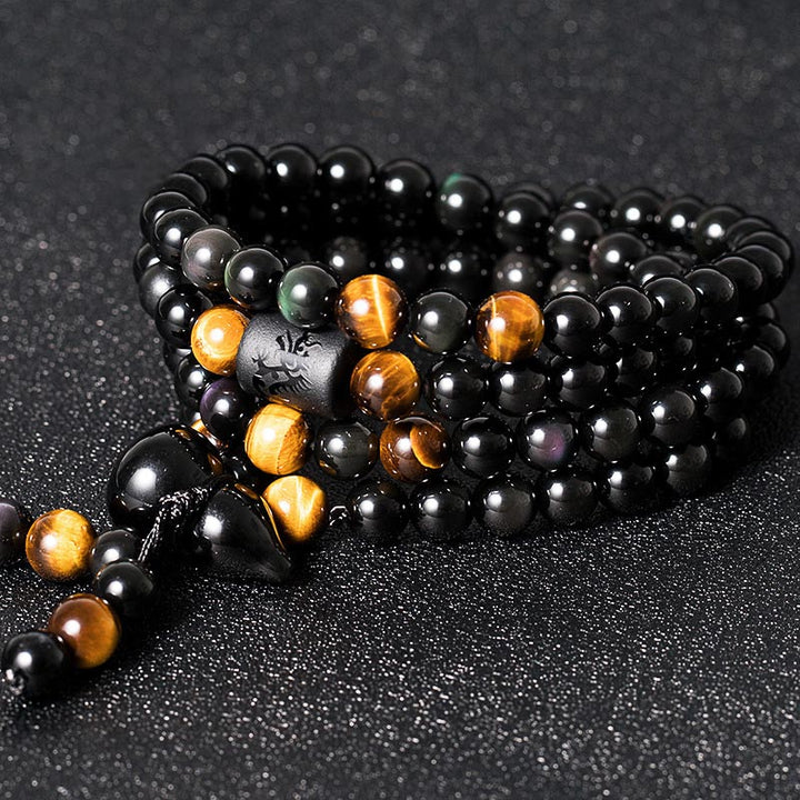 Buddha Stones Natural Black Obsidian Rainbow Obsidian Gourd Blessing Bracelet Mala