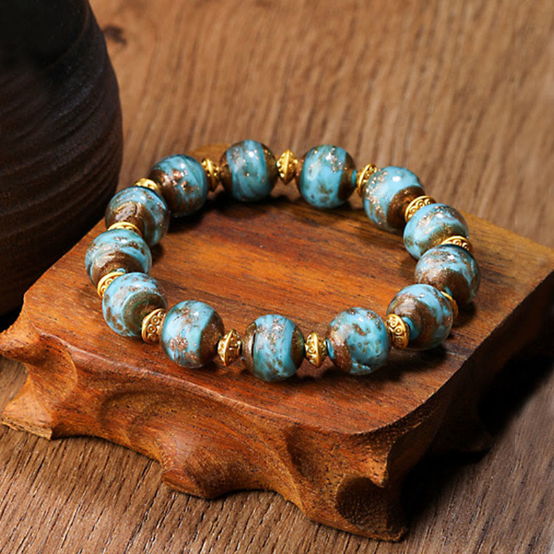 Buddha Stones Gold Swallowing Beast Family Charm Liuli Glass Bead Fortune Bracelet - Light Blue - Simple Version - 12mm - image 7