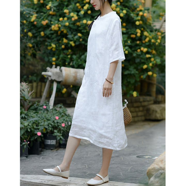 Buddha Stones Dandelion Flower Embroidery Half Sleeve Ramie Linen Chinese Cheongsam Midi Dress With Pockets