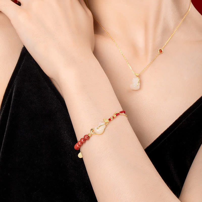 Buddha Stones 925 Sterling Silver Plated 18K Gold Hetian Jade Ruyi Cat Cinnabar Luck Bracelet Necklace Pendant Set