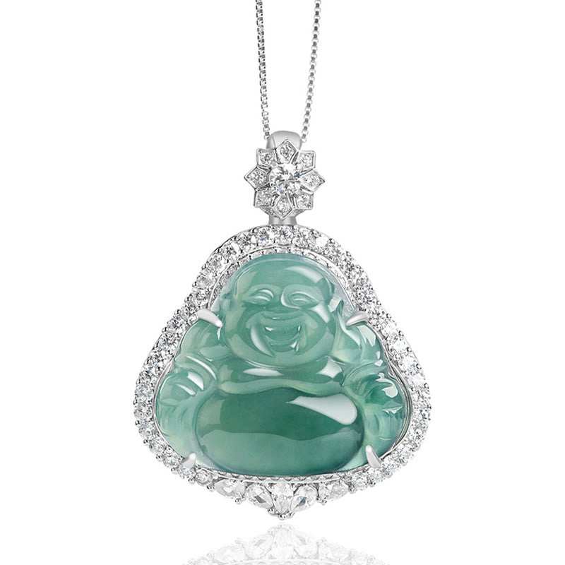 Buddha Stones Laughing Buddha Natural Jade Luck Abundance Titanium Steel Chain Necklace Pendant - image 4