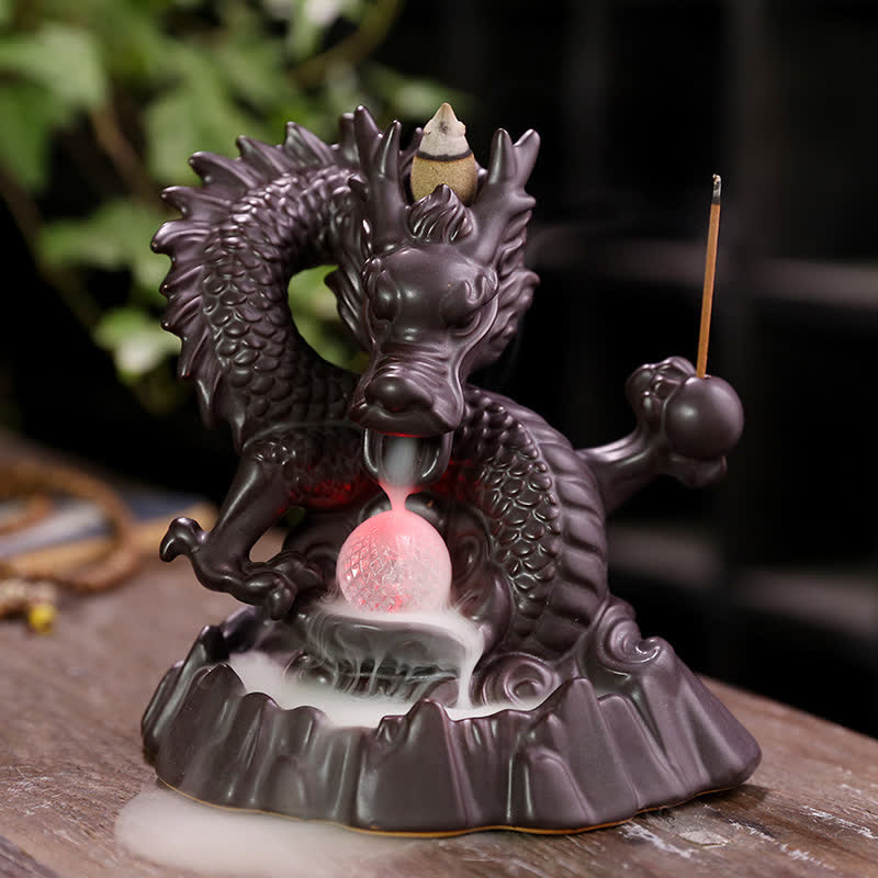 Auspicious Dragon Ceramic Backflow Smoke Fountain Meditation Healing Incense Burner Led Ball Decoration - image 1