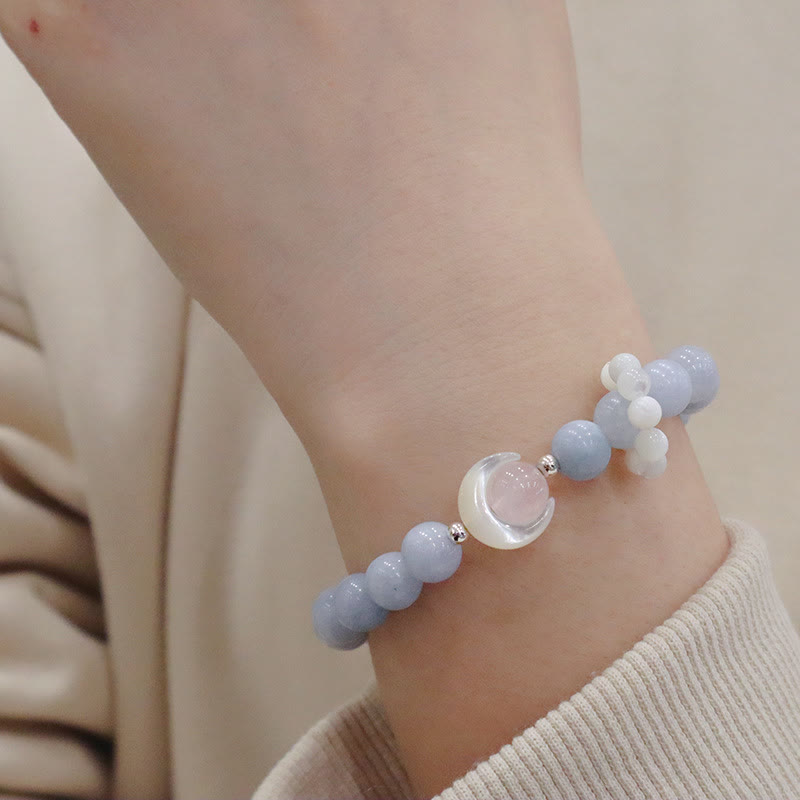 Buddha Stones 925 Sterling Silver Natural Amethyst Aquamarine Pink Crystal Cat's Eye Healing Crescent Moon Bracelet - Aquamarine(Peace♥Serenity)(Wrist Circumference 14-16cm) - image 7